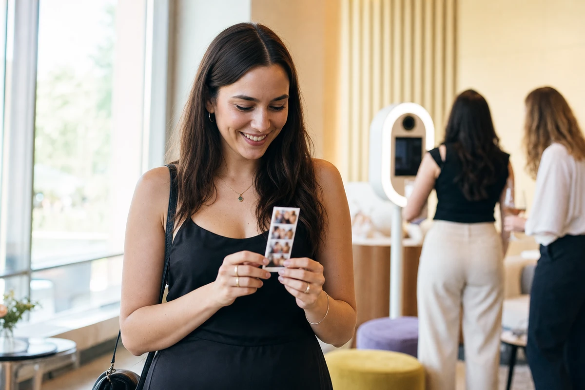 An event guest in a window-lit venue lounge smiling at a freshly printed photo strip held in both hands.