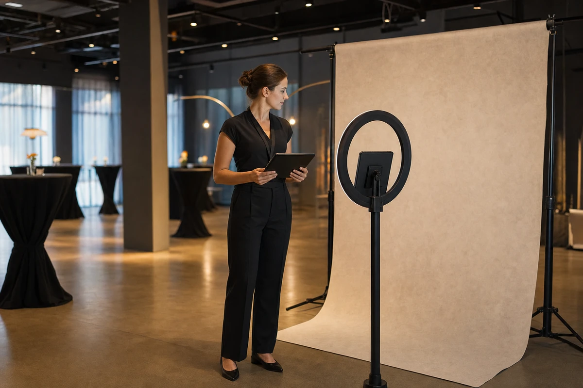 A venue coordinator with a lanyard holds a tablet beside an open-air photo booth, re-skinning it in an empty event room before doors open.