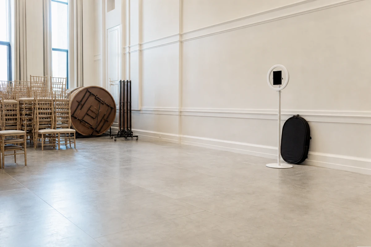 A slim open-air photo booth parked against the wall of a venue event room mid-changeover, surrounded by clear floor space and stacked chairs.