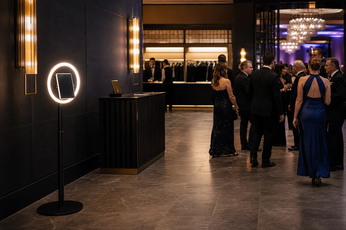 A photo booth placed against the entry wall of a gala venue's reception foyer as formalwear guests arrive.