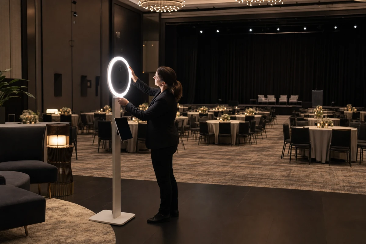 An event staffer adjusts the ring light of a photo booth in a fully set, empty gala ballroom before guests arrive.