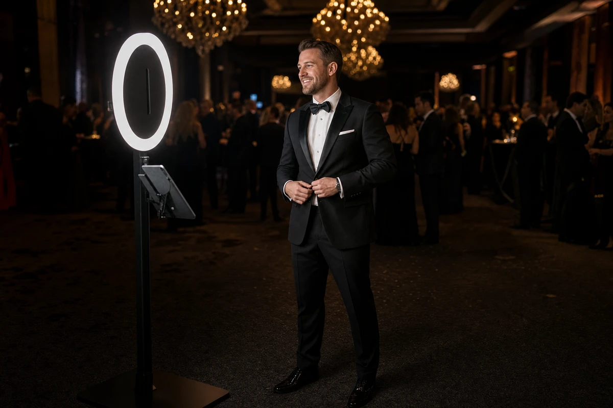 A guest in a tuxedo poses in front of a ring-lit photo booth during a corporate gala reception.