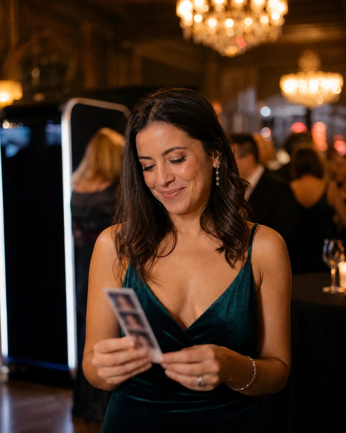 A guest in an evening gown smiles at a freshly printed photo strip held in her hands at a corporate gala.