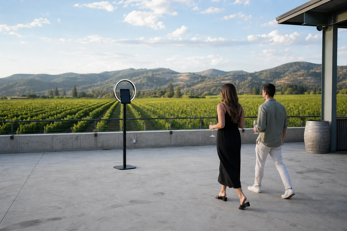A compact open-air photo booth set up on a winery crush-pad terrace with vineyard rows behind it and open floor space around it.