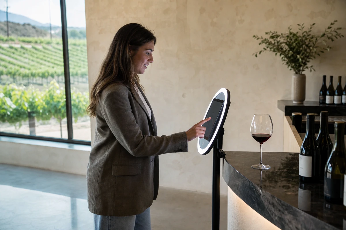 A winery guest tapping the tablet of an open-air photo booth at the end of the tasting bar to enter their contact details and receive their photo.
