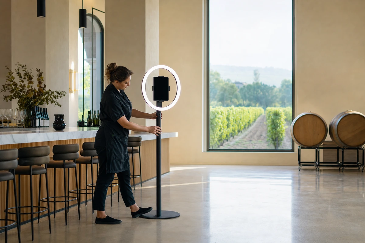 A winery venue manager adjusting the stand of an open-air photo booth in an empty tasting room before opening, with morning light through the windows.
