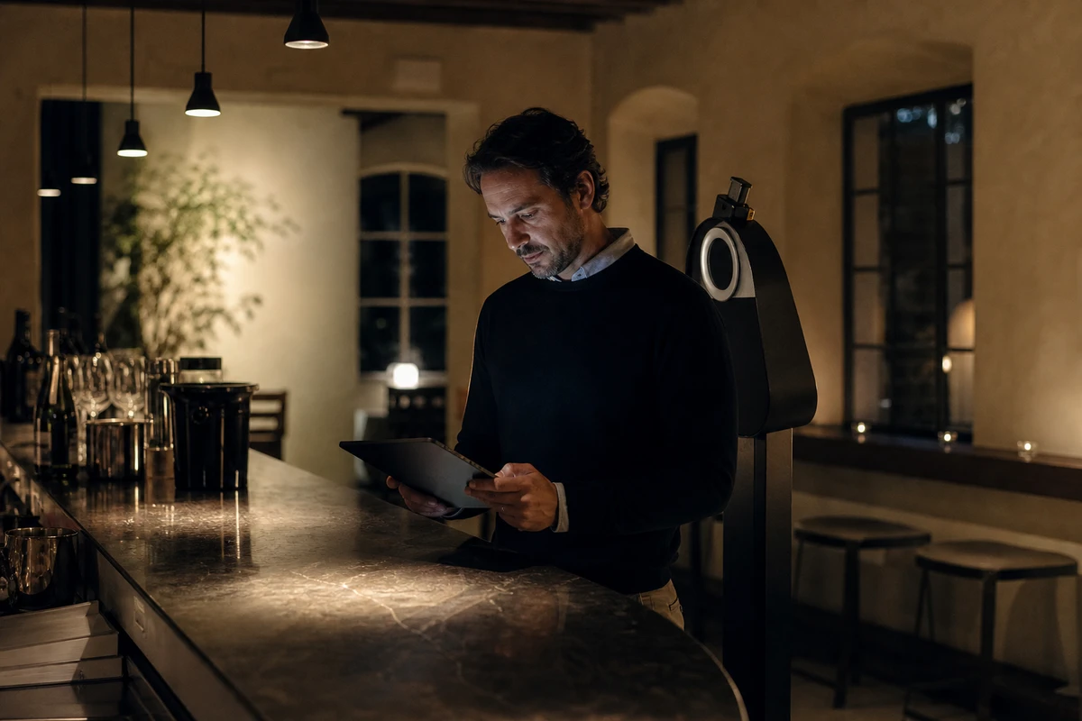 A winery venue manager reviewing the photo booth's tablet at the end of the day in the closed tasting room.