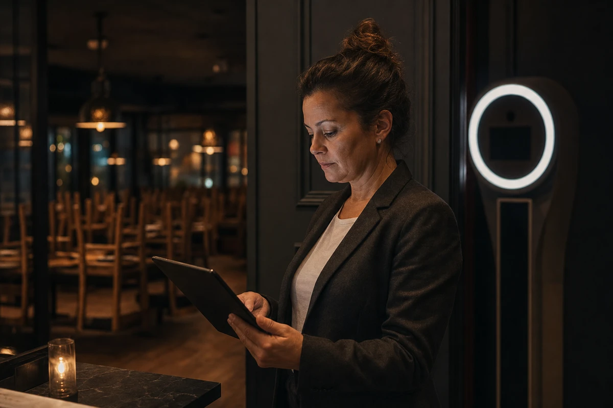 A venue manager reviewing the evening's results on a tablet at a quiet host-stand corner near a powered-down photo booth.