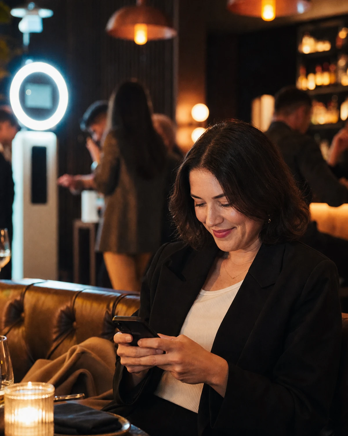 A seated restaurant guest looking at a photo on her phone and forwarding it privately just after a photo-booth session.