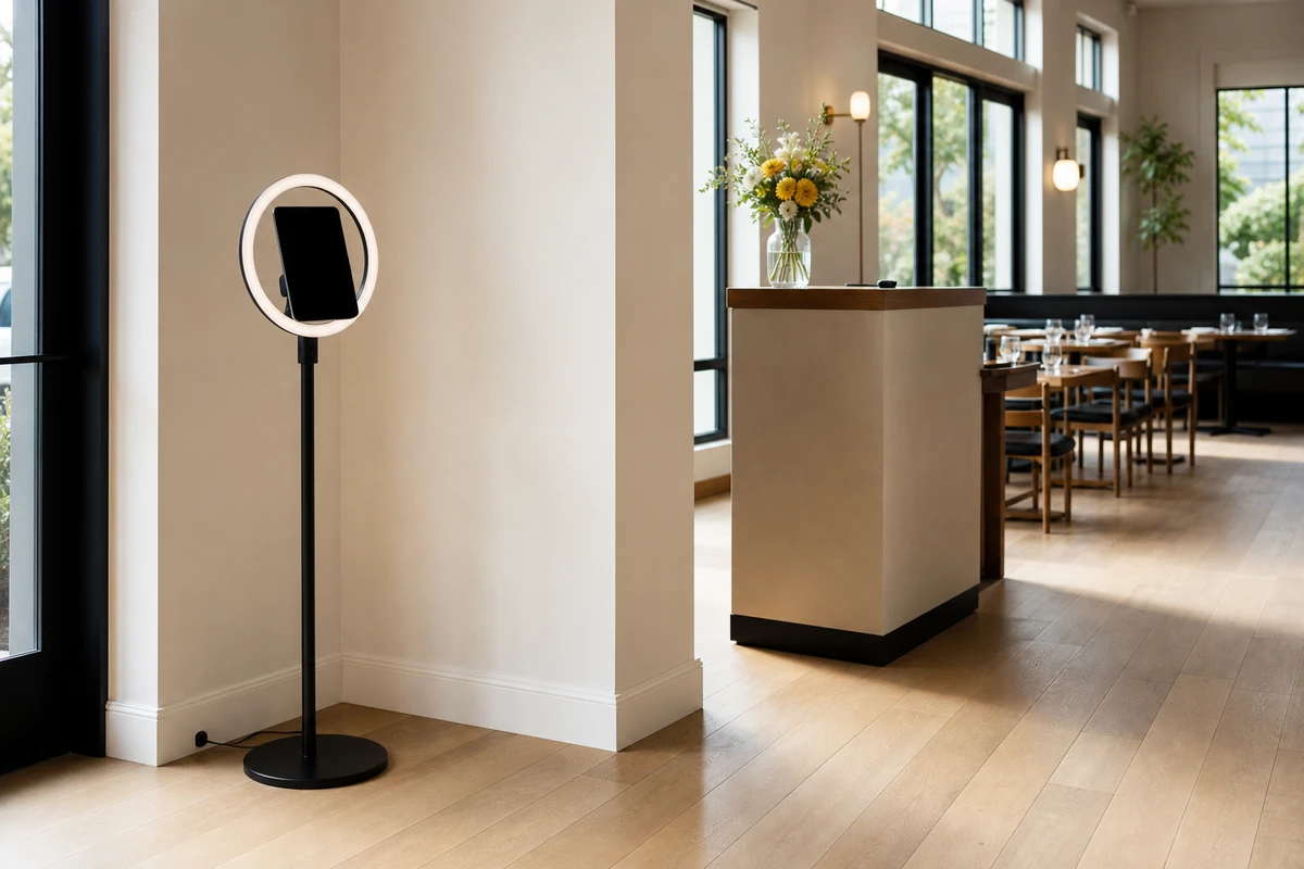 An iPad photo booth on a ring-light stand placed deliberately in the lounge corner of an upscale-casual restaurant near the entrance, with clear floor space around it.