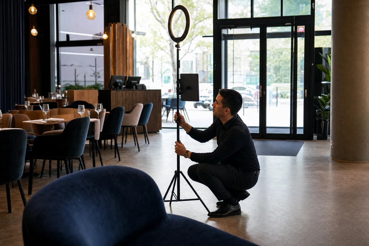 A venue manager crouched beside a photo booth in an empty restaurant lounge before service, adjusting the ring-light stand.
