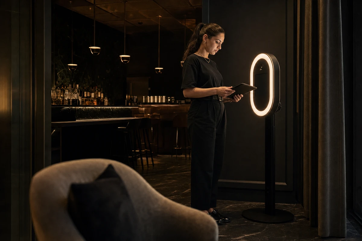 A photo-booth operator standing beside a quiet booth at the end of the night, reviewing results on a tablet held angled away from view.