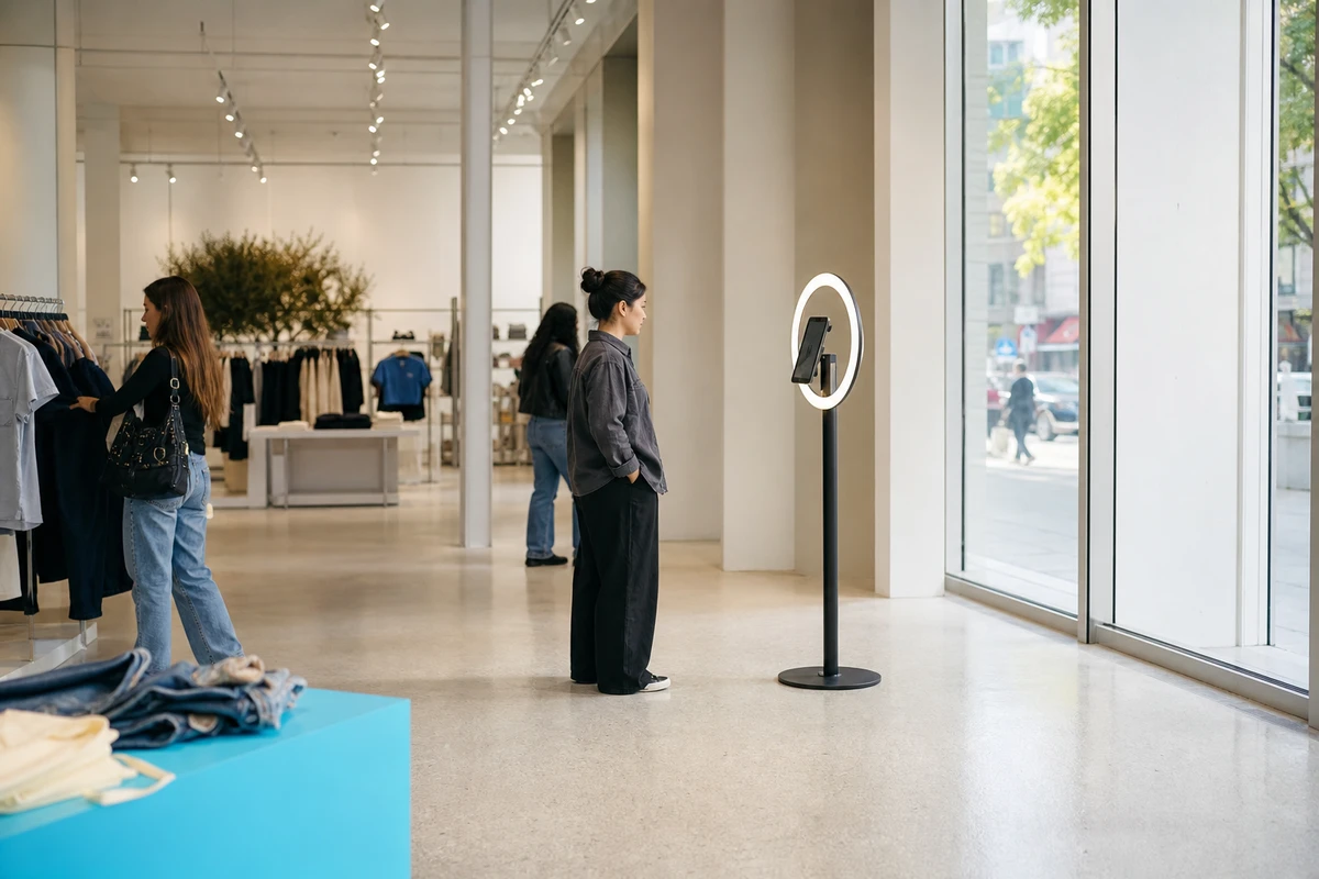 An iPad photo booth on a ring-light stand positioned along the perimeter of a bright retail flagship floor with clear open space around it.